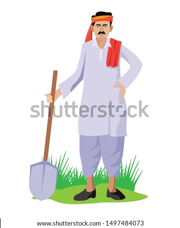 indian farmer standing with shovel