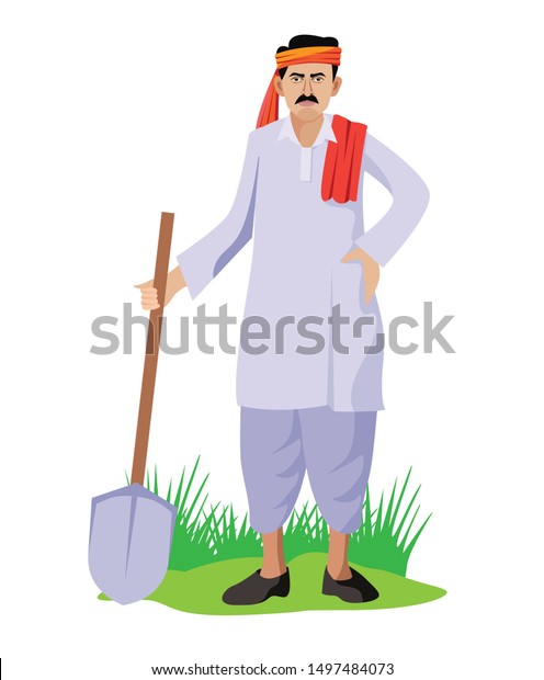 Indian Farmer Standing Shovel Stock Vector (Royalty Free) 1497484073