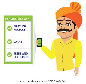 An Indian farmer from the state of Maharashtra/ Punjab is using an agricultural help application/ app on his mobile phone