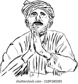 Indian Farmer stock image, Sketch drawing of Indian farmer praying for rain, Line art illustration silhouette vector of poor indian farmer praying to god