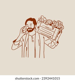 Granjero indio hablando por teléfono, dibujo de cajas de verduras, vector, ilustración dibujada a mano