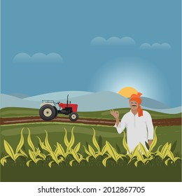 Indian Farmer with Tractor in field farm