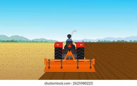 Indian Farmer Tractor Plowing in field Illustration, Cartoon Farm Field Background Vector, agriculture background vector