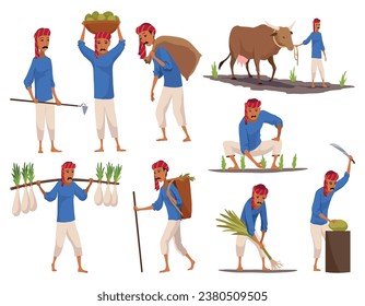 Indian farmer in traditional clothes. Collection of rural man plowing field by cow, collect, carry and harvesting. Rural business and village concept