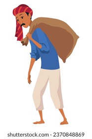 Indian farmer in traditional clothes. Rural man collect or harvesting. Rural business and village concept. Village rural character worker. Isolated vector illustration