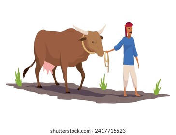 Indian farmer in traditional clothes. Rural man plowing field by cow. Rural business and village concept. Isolated vector illustration