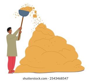 Indian Farmer Uses A Large Tool To Pour Mound Of Harvested Grains, Demonstrating Traditional Methods Of Handling And Storing Crops In Agricultural Settings, Symbolizing Hard Work And Rural Livelihood