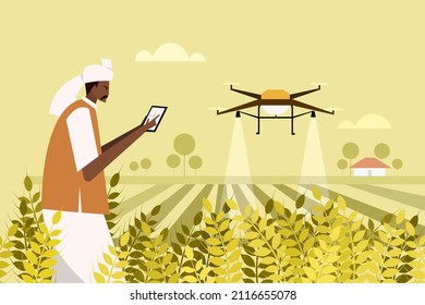 An Indian farmer using a drone for spraying fertiliser in the agricultural field