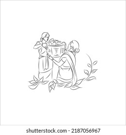 Indian farmer Vector line drawing illustration of working on the field