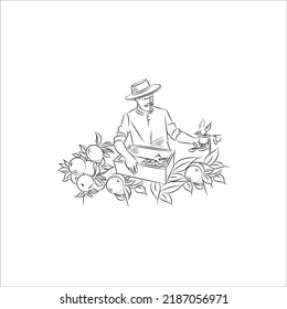 Indian farmer Vector line drawing illustration of working on the field