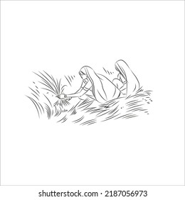 Indian farmer Vector line drawing illustration of working on the field