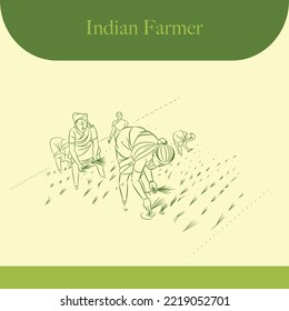 indian farmer vector line drawing illustration