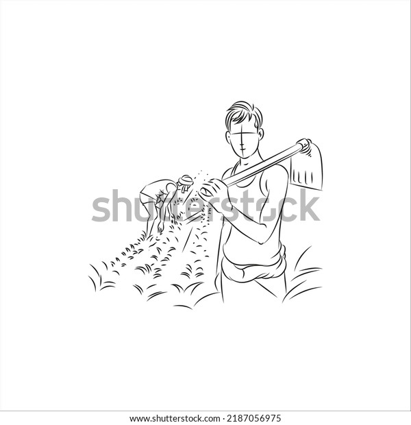 Indian Farmer Vector Line Drawing Illustration Stock Vector (Royalty ...