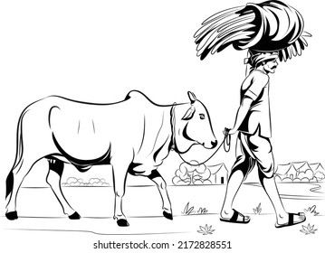 Indian farmer walking with Cow