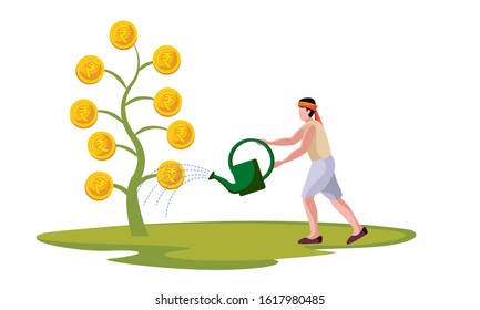 Indian Farmer Watering To Cash Crop, Economy Vector Illustration