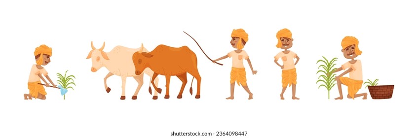 Indian Farmer Wearing Turban Cultivating Plants and Soil Vector Set