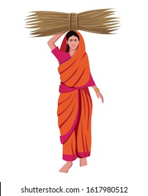 indian farmer woman carrying cattle feed on head vector illustration