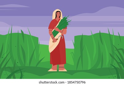 Indian farmer a woman dressed in traditional national dress sari and holding a sickle in her hand is engaged in agriculture. Vector flat illustration.