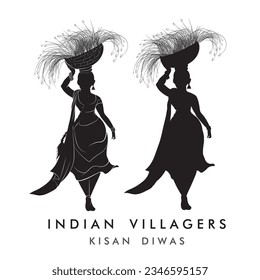 Indian farmer woman silhouette, Silhouette of Indian woman, Ladies carrying crops on their heads