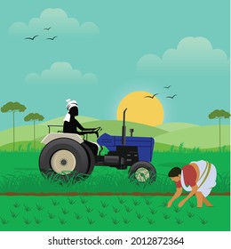 Indian Farmer  Women with Tractor in a farm field