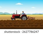 Indian Farmer Work Tractor Plowing in Farm Field Vector Illustration