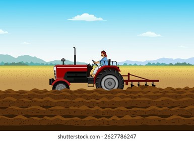 Indian Farmer Work Tractor Plowing in Farm Field Vector Illustration