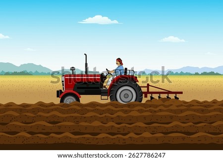 Indian Farmer Work Tractor Plowing in Farm Field Vector Illustration