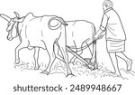 Indian farmer working in agriculture field with bulls and plough, hand drawn in thin line style