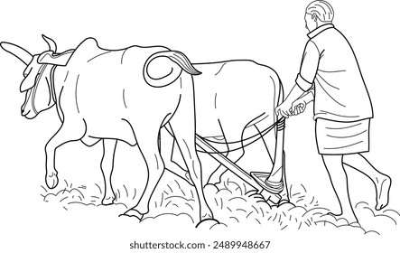 Indian farmer working in agriculture field with bulls and plough, hand drawn in thin line style