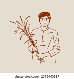 Indian farmer working in farm hand drawn, vector, illustration.