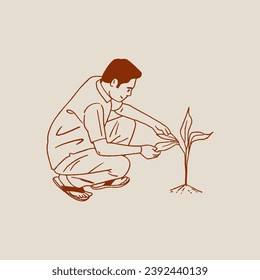 Indian farmer working in farm sketch, hand drawn, vector, illustration.