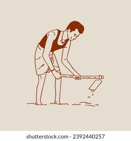 Indian farmer working in farm sketch, hand drawn, vector, illustration.