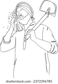 Indian Farmer Working in the Heat: One-Line Cartoon Drawing, Sketch Drawing of an Indian Farmer Holding an Axe, Line Art Vector of Indian Farmer Working in the Field