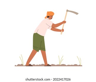 Indischer Bauer, der mit Hau auf dem Bauernhof arbeitet. Arbeit des Menschen in Turban auf Plantage in Indien. Landarbeiter mit Pflanzen. Flache Vektorgrafik von Hinteru auf landwirtschaftlichen Flächen einzeln auf Weiß