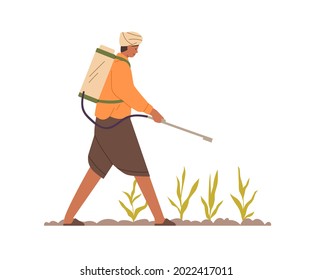 Indian farmer working on farm field, spraying fertilizer on soil and plants. Agriculture worker with pest equipment on plantation in India. Flat vector illustration isolated on white background