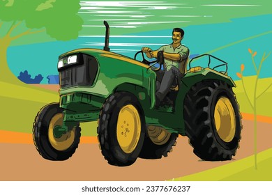 Indian farmer working with tractor at field, ndian Asian farmer with tractor