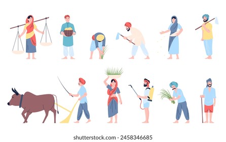 Indian farmers characters. Asian farmers working in field, with animal and different tools. People plantings, seeding, plowing field, recent vector set