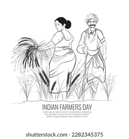 Indian farmers day illustration, vector line art of Indian people, wife and husband working in field