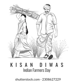 Indian Farmers Day illustration, Vector drawing of Indian Villagers, Wife and husband walking on yield field