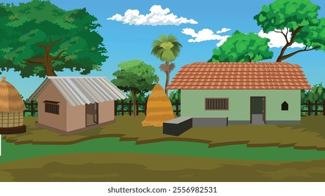 Indian farmers house under blue sky and green land.Asian rural house background design vector illustration with shack with tin roof,straw pile