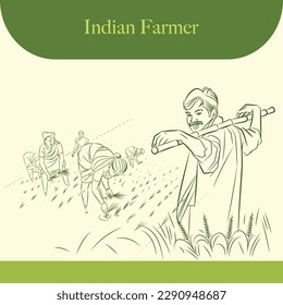 indian farmers line drawing vector illustration