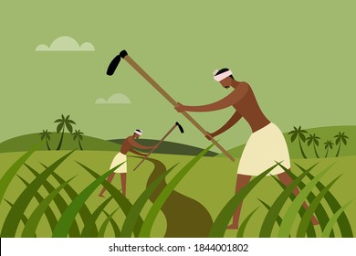 Indian Farmers Using Spades Working In A Farm