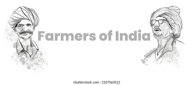 Indian farmers waiting rain, Vector illustrations of poor people, Line drawing of villagers