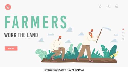 Indian Farmers Work the Land Landing Page Template. Characters in Traditional Clothes Work on Plantation Plowing Field with Hoe and Planting Seedlings in Soil. Cartoon People Vector Illustration