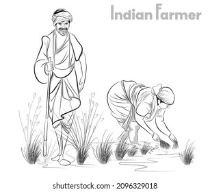 Indian Farmers Working On Their Field, Vector Illustration Of Man And Woman, Line Art Of Wife And Husband