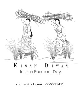 Indian farmers working on their field, Vector illustration of Indian villagers, Two women walking on agriculture field