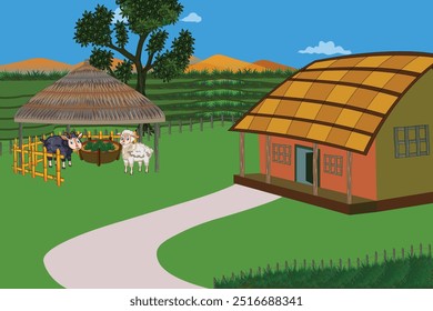 Granja india con árboles, colinas, ovejas, camino de barro y cabañas: una pintoresca escena de pueblo rural con hierba verde, ideal para un fondo de dibujos animados animados