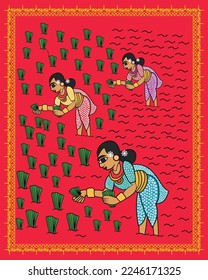 Proceso agrícola indio que se muestra en la pintura de madhubani y en el arte kalighat. Pintura de caridad