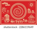 Indian farming process showing in Warli Painting. Tree Warli Painting, Wallpaper illustration, warli art, Vector.