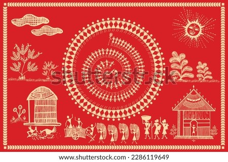 Indian farming process showing in Warli Painting. Tree Warli Painting, Wallpaper illustration, warli art, Vector.